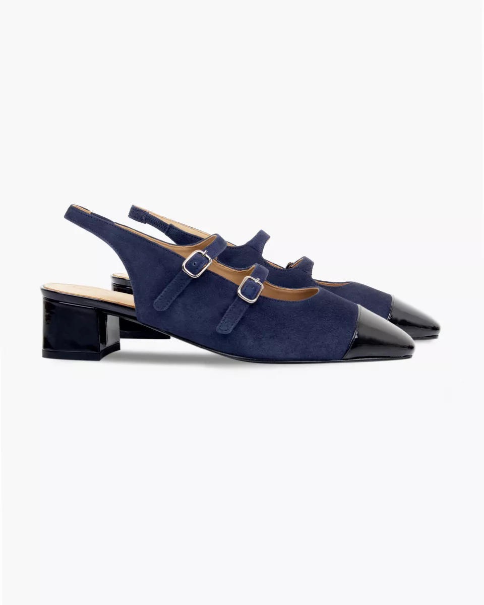Navy blue suede and black patent leather Mary Jane slingbacks