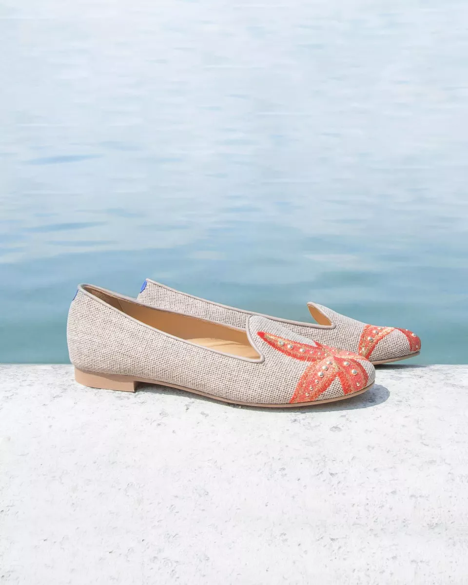 Embroidered starfish beige canvas slippers