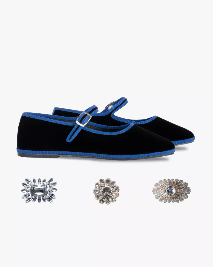 Mary Janes Furlanes in black velvet with Blue trim
entirely made by hand in Italy (Venice/Friuli)