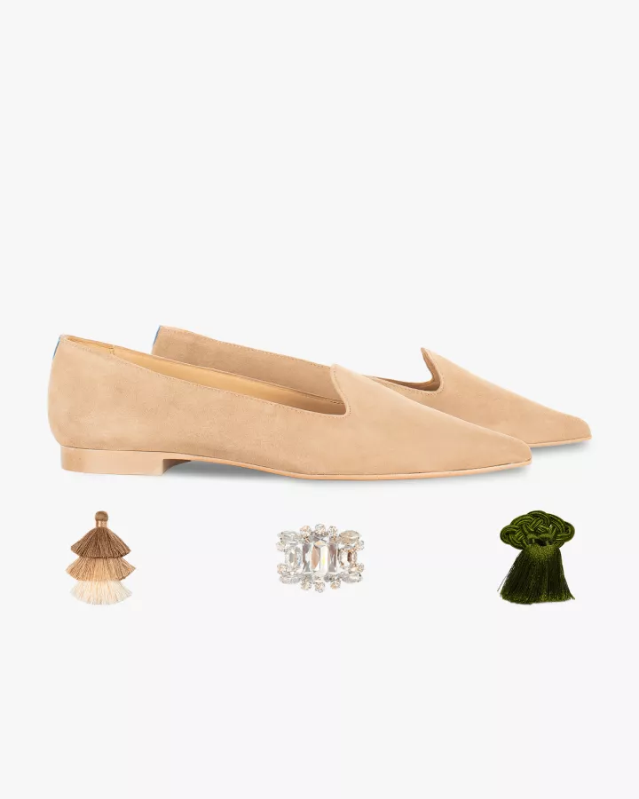 Sand suede pointy slippers with 3 interchangeable accessories of your choice included
