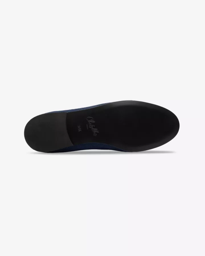 Navy suede slippers embroidered with a white & light gold feather